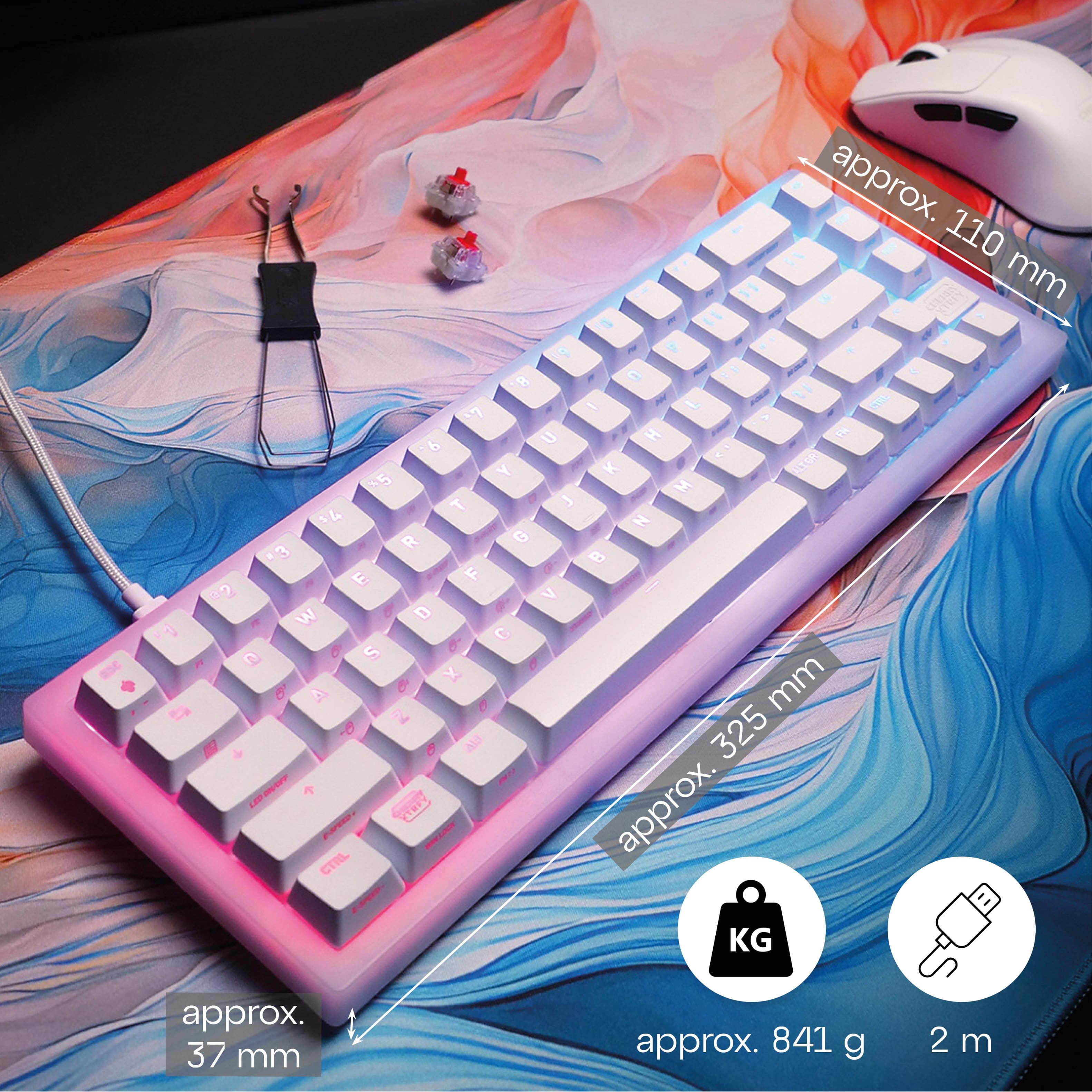 Installing CHERRY Mechanical Gaming Keyboard WH White 65% Hot‑Swappable on a wooden desk