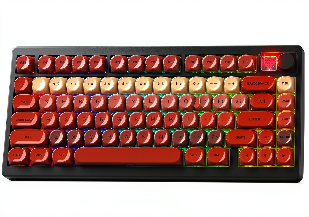 Womier MT75 keyboard with customizable screen and volume knob on a desk