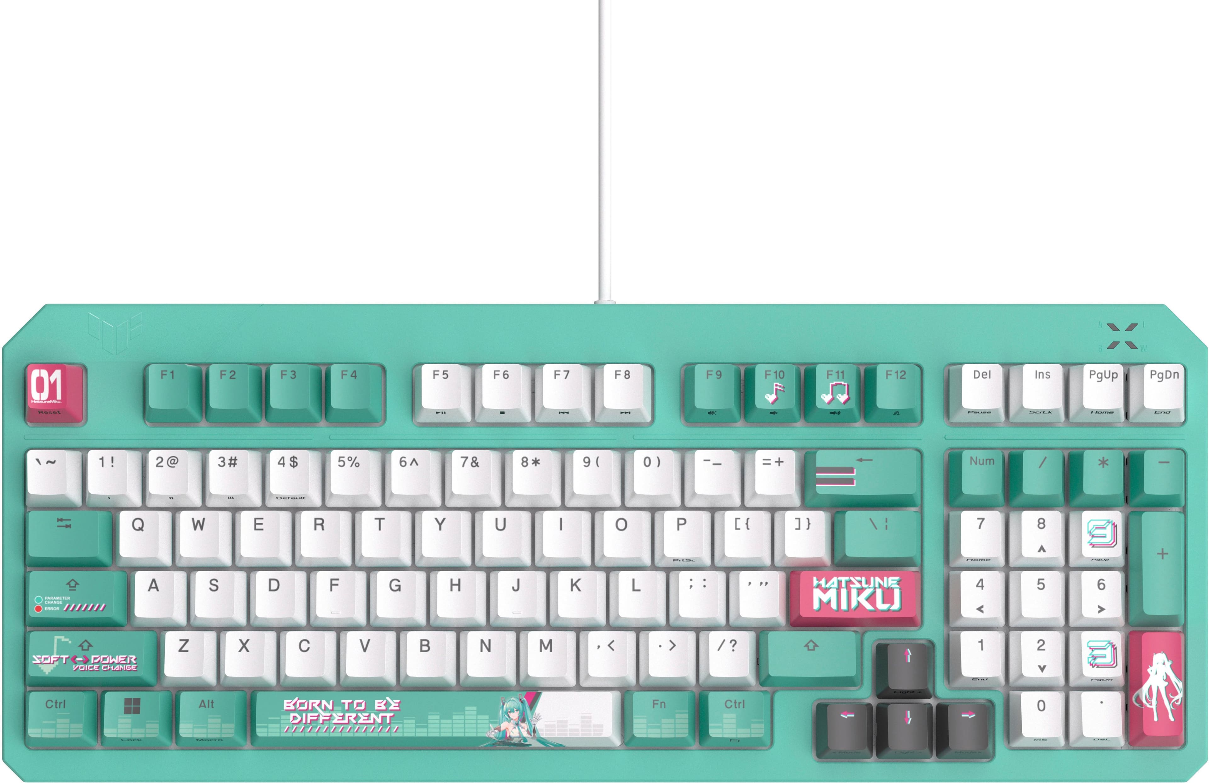 ASUS TUF Gaming K3 Gen II Hatsune Miku keyboard on a gaming desk