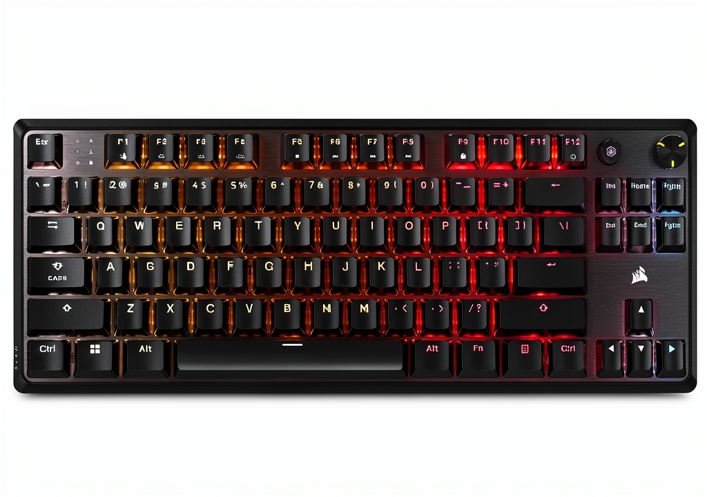 CORSAIR K70 CORE TKL keyboard on a gaming desk with RGB lighting
