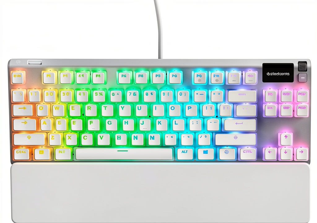 SteelSeries Apex 7 Ghost TKL keyboard on a gaming desk with RGB lighting