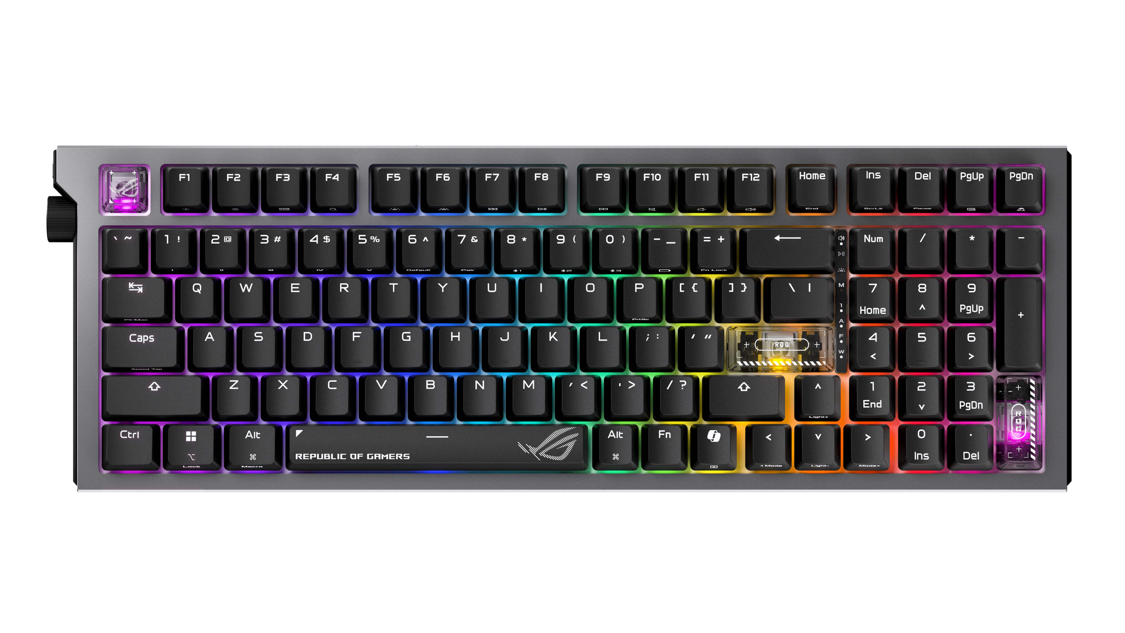 ASUS ROG Strix Morph keyboard with RGB lighting on a gaming desk