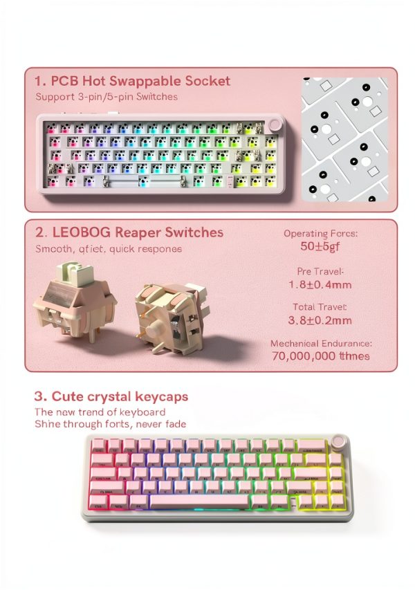 Womier L65 Wireless Mechanical Keyboard RGB Hot Swap Pink-6