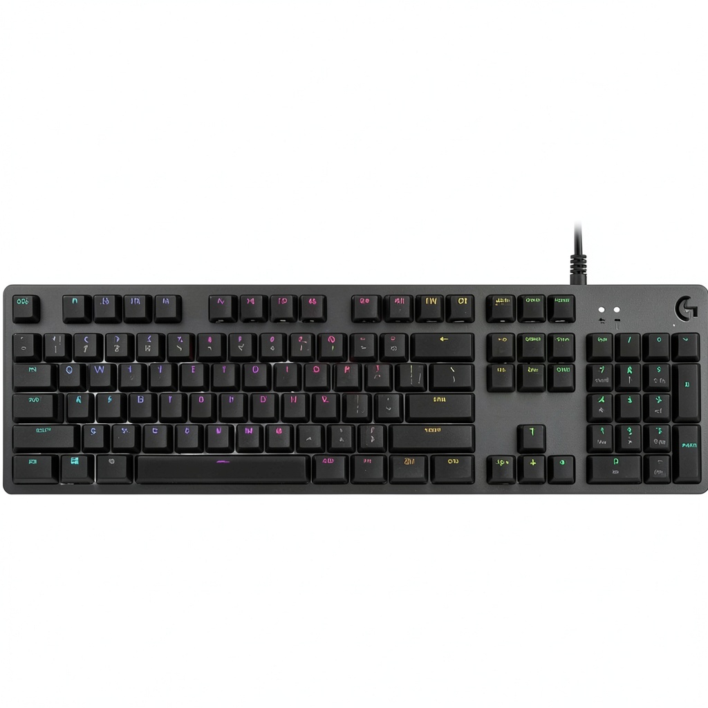 Logitech G512 keyboard on a gaming desk with RGB lighting