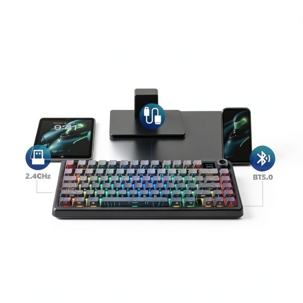 AULA - F75 Max, 81-Key, Wireless, Hot Swappable, Mechanical Gaming Keyboard, RGB, Knob, Digital Screen - Gradient Grey Topographic Side-Engraved Keycaps-4