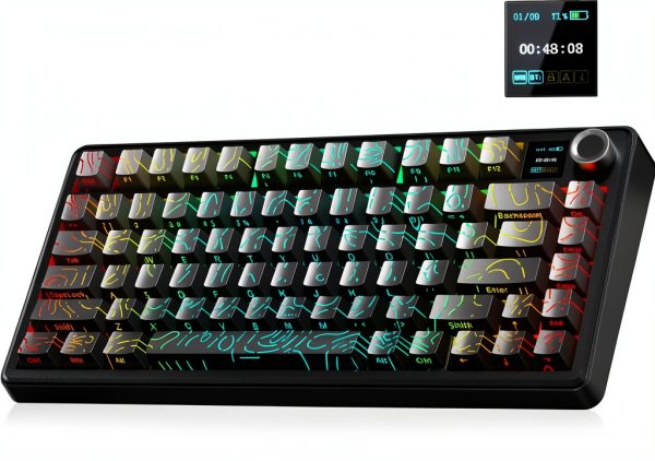 AULA - F75 Max, 81-Key, Wireless, Hot Swappable, Mechanical Gaming Keyboard, RGB, Knob, Digital Screen - Gradient Grey Topographic Side-Engraved Keycaps-0